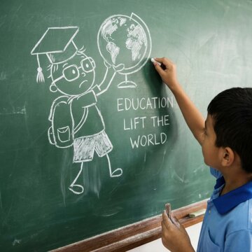boy drawing education lift the world on chalkboard