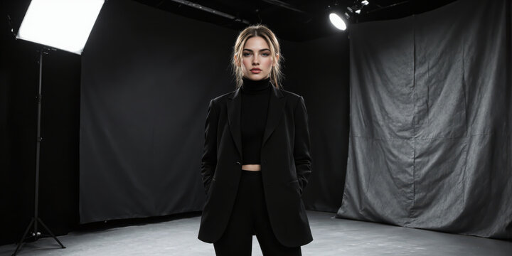 Monochrome Portrait Studio with Dramatic Side Lighting and Textured Backdrop A stark photography space where a dark gray muslin backdrop