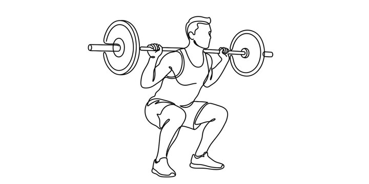 Man performing barbell back squat exercise with clean line drawing style