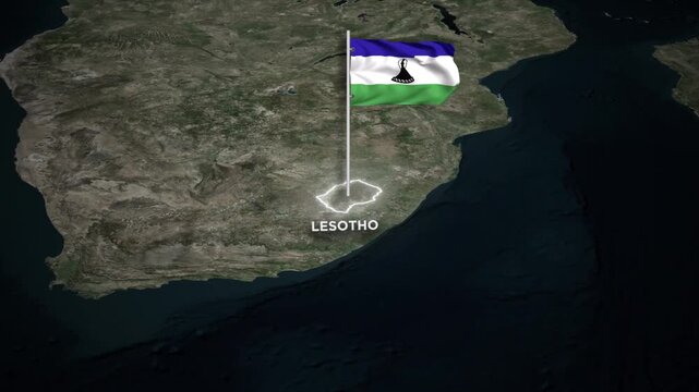 Lesotho Map Animation with 3D Waving of Lesotho National Flag and Glowing Border Animation on World Map