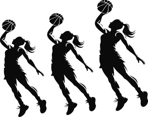 The silhouette of a powerful female basketball player performing a slam dunk is very elegant © yayan
