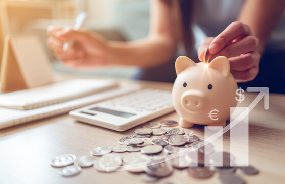 Multicurrency savings and financial growth concept with piggy bank, coins, calculator, and rising chart, symbolizing smart investment, global finance, and wealth management