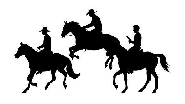 Silhouette of three cowboys riding horses in different positions