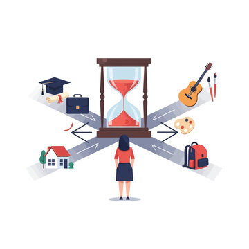 Woman choosing between options, hourglass representing time.