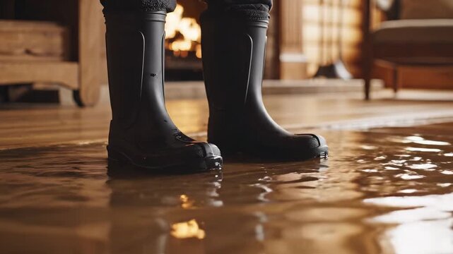 Person wearing boots standing on wet floor ideal for travel vlogs and eco-friendly campaigns