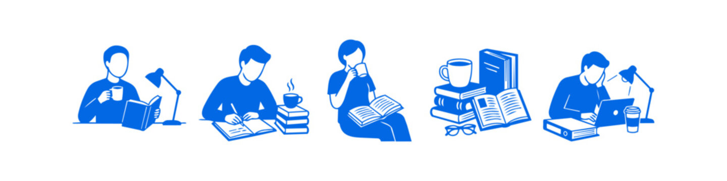 Set of minimalist blue illustrations depicting students and professionals reading, writing, and working with laptops, books, and coffee. Ideal for educational and productivity concepts.