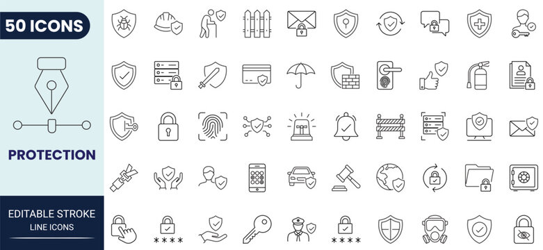 Protection icon set in outline style. Containing protection, security, shield, safety, privacy, and defense icons. Editable stroke. Vector icon collection.