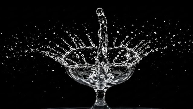 Splashing water in glass with droplets on black background