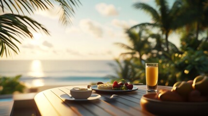Obraz premium Terrace of a tropical villa with breakfast and ocean view; generative ai