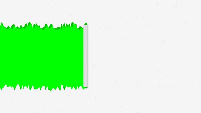 Torn paper with ragged fibrous edges separating horizontally across the screen to reveal green screen chroma key.