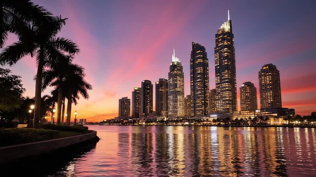 City skyline at sunset with palm trees ideal for travel vlogs and eco-friendly campaigns