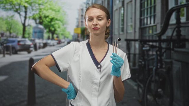 Woman dentist in uniform holding dental mirror and probes with gloved hand, hand on hip on a city street; professional confidence.