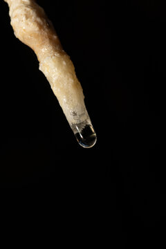 goccia d'acqua trasparente e cristallina che pende da una piccola stalattite rocciosa dalle tonalit&agrave; di giallo ed arancione, foto verticale con vista ultra-macro su sfondo nero