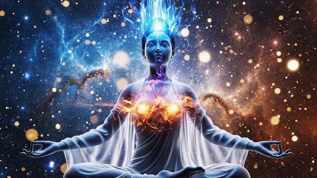 Meditating figure in cosmic space for cinematic landscapes and wilderness exploration
