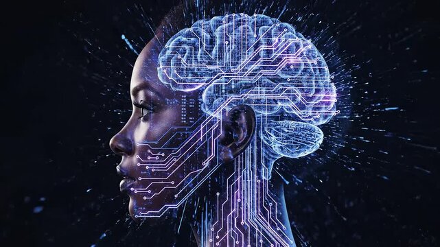 AI brain circuit on womans head highlighting artificial intelligence and digital evolution