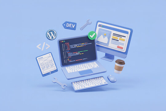 3D Web Development Concept with Laptop Coding, HTML CSS JS Programming, WordPress, and UI UX Design Tools