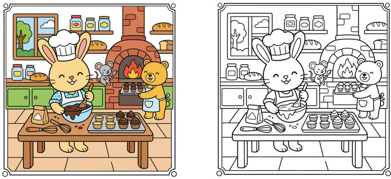 Cute Bunny Chef and Friends Baking Cupcakes in a Bakery Kitchen, Set of Colored Illustration and Black and White Line Art Coloring Page for Kids Activity Book