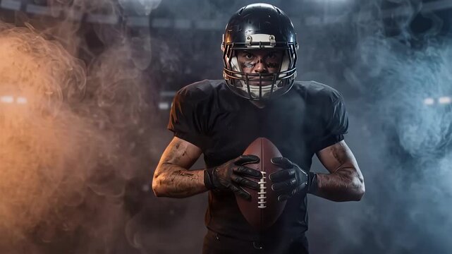American Football Player in Black Uniform Holding Ball with Smoke Effects.