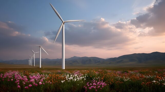 Modern wind turbines stand in a vast field of multi colored wildflowers beneath a dramatic cloud streaked sunset sky