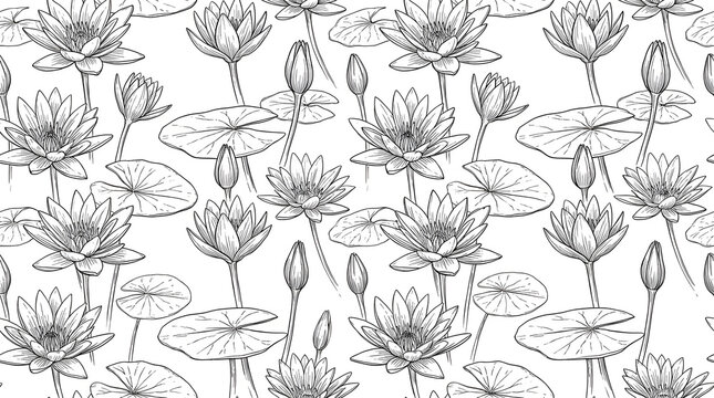 Elegant Seamless Lotus Flower Line Art Pattern Featuring Detailed Botanical Water Lily Sketches with Leaves and Buds for Adult Coloring Pages, Textile Design, and Luxury Minimalist Wallpaper