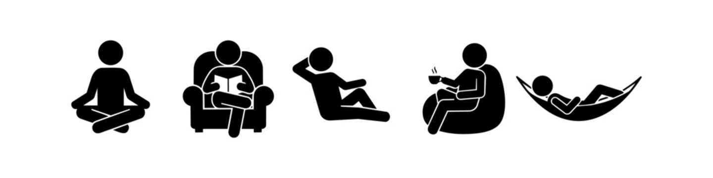 Set of minimalist stick figure icons depicting various relaxation activities like meditating, reading, lounging, drinking coffee in a bean bag chair, and resting in a hammock.