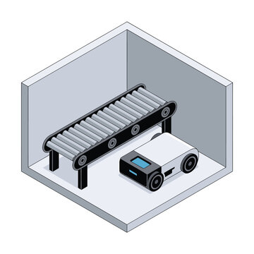 isometric conveyor belt with automated mobile robot in room