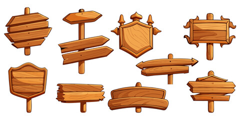 Fototapeta premium A varied set of cartoon wooden signposts, blank message billboards, and rustic shield plaques isolated on a white background.