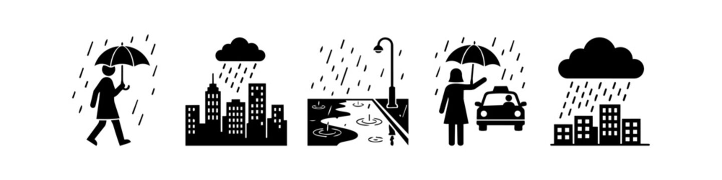 Minimalist black and white silhouette icons depicting rainy city scenes, including people with umbrellas, cityscapes, and hailing a taxi during a storm.