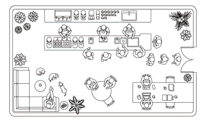 Architectural floor plan vector of a modern cafe, top view interior layout with furniture and people, coffee shop blueprint with bar and seating