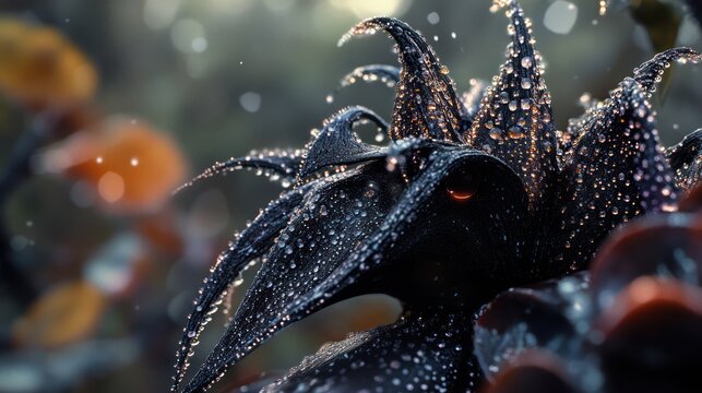 Dew-kissed dark flower head in garden