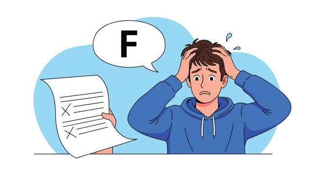 Disappointed teenage boy holding his head in despair while looking at a test paper with a failing F grade mark.