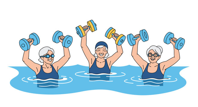 Active senior women wearing swimsuits and goggles doing water aerobics exercises with dumbbells in a swimming pool.