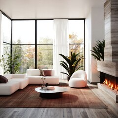 Fototapeta premium Cozy Living Room With Modern Furniture and Large Windows in Autumn Light