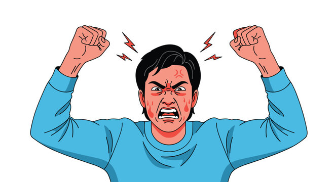 Furious man with a red face and clenched fists shouting in anger with lightning bolts representing high tension.