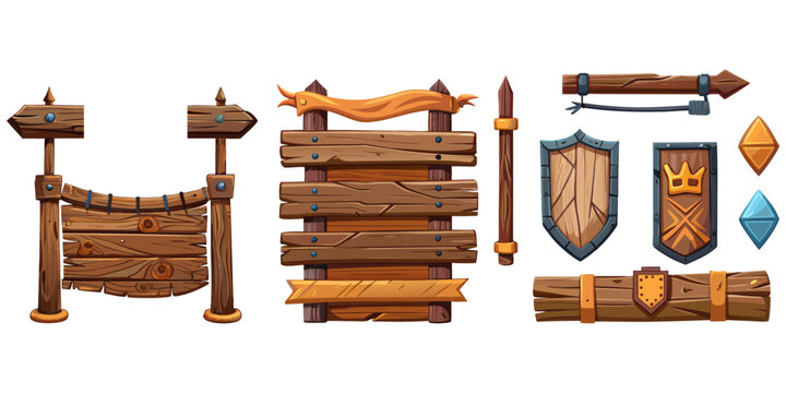 A collection of fantasy  wooden assets featuring heavy timber signboards, a medieval shield with a crown crest, and rustic banner elements.