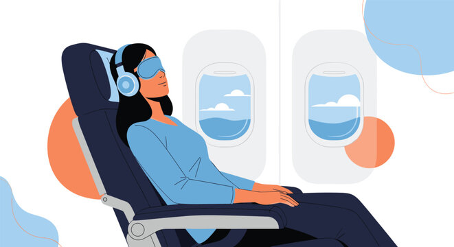 Woman sleeping comfortably in airplane seat wearing eye mask and headphones while traveling representing jet lag and comfort during flight.