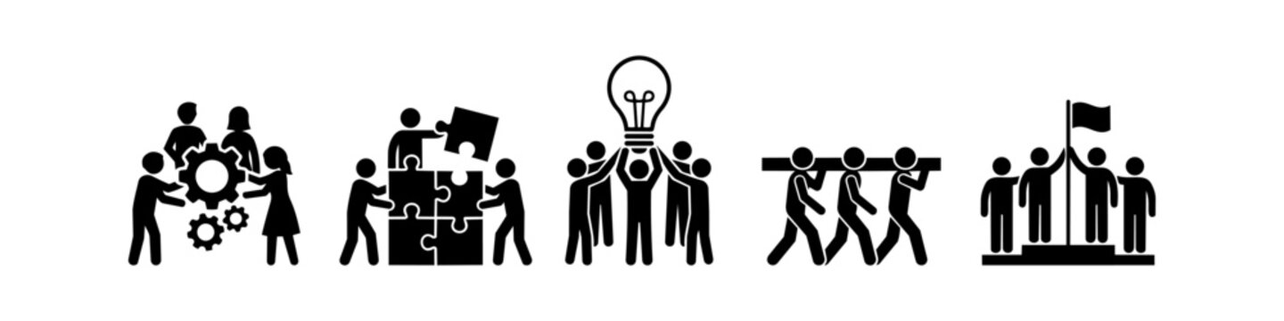Set of business teamwork icons representing collaboration, puzzle solving, creative ideas, collective effort, and shared success. Professional stick figure vector illustration on white background.