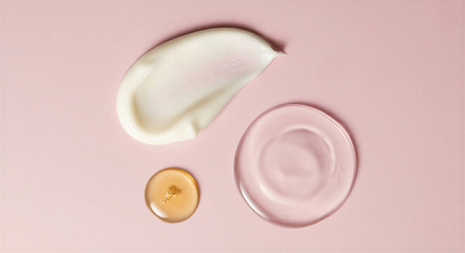 Comparison of cream and gel textures on pink surface.