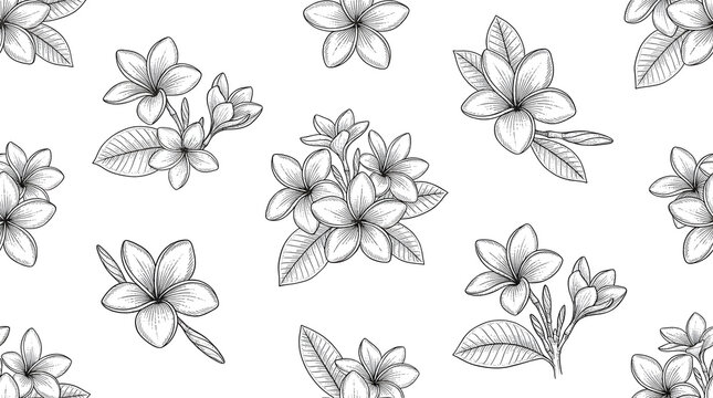"Elegant Seamless Frangipani Plumeria Flower Line Art Pattern with Detailed Hand-Drawn Botanical Sketches and Leaves for Textile, Coloring Pages, and Luxury Wallpaper Background