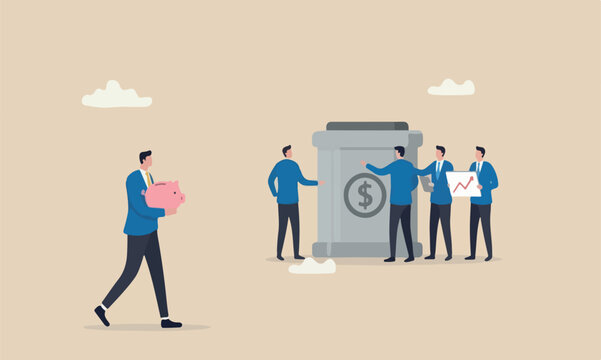 Investment meeting in or pension fund, being rich or wealthy concept, businessman holding small piggy bank while looking at other bigger pension fund