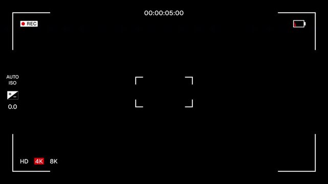 Screen Recorder Overlay Alpha Channel. 4K Professional DSLR Camera Viewfinder Frame. Digital Video Recorder Interface with Timer and Battery Indicator.