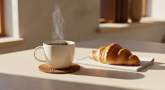 Steaming coffee cup and croissant on table. kaffe pause