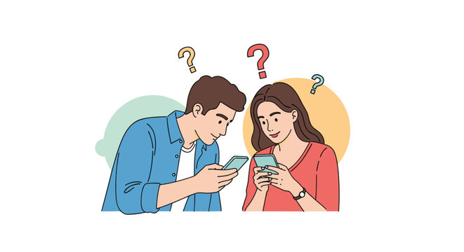Young man and woman look at their smartphones with puzzled expressions and question marks, highlighting digital confusion or social media curiosity.