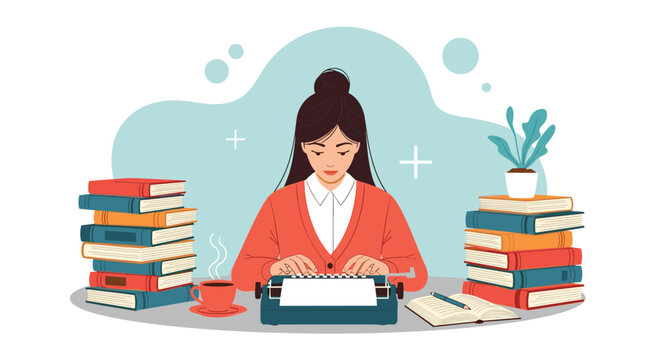 Focused female writer sits at a desk surrounded by stacks of colorful books while typing a manuscript on a classic vintage typewriter.
