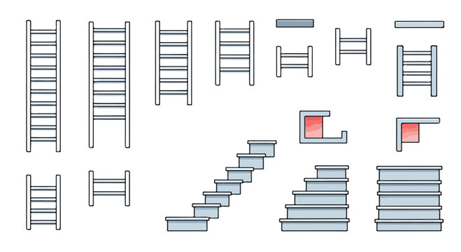 Pixel art ladder and staircase collection, 14 retro game assets for level design, blue and red 8-bit platformer stairs and climbing elements