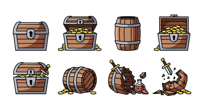 Fantasy RPG treasure chest and barrel icons, medieval game loot set with gold coins and swords, 8 cartoon vector assets for gaming UI
