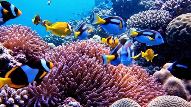 Vibrant coral reef teeming with colorful tropical fish, including clownfish and surgeonfish, swimming amongst anemones and stony corals in a sun-dappled ocean environment creating an underwater