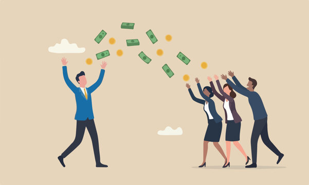Success wealthy, stimulus monetary policy concept, happy businessman millionaire throw out pile of money banknotes flying into the air