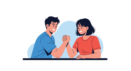 Fototapeta premium Strong man and woman engaged in a friendly arm wrestling competition across a wooden table representing gender equality and power.