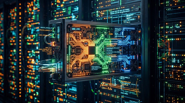 High-tech server blade with glowing circuit board in a modern data center environment